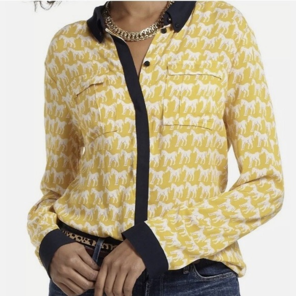 Maeve pony horse novelty print button up long sleeve shirt size 0 yellow navy - Picture 1 of 11